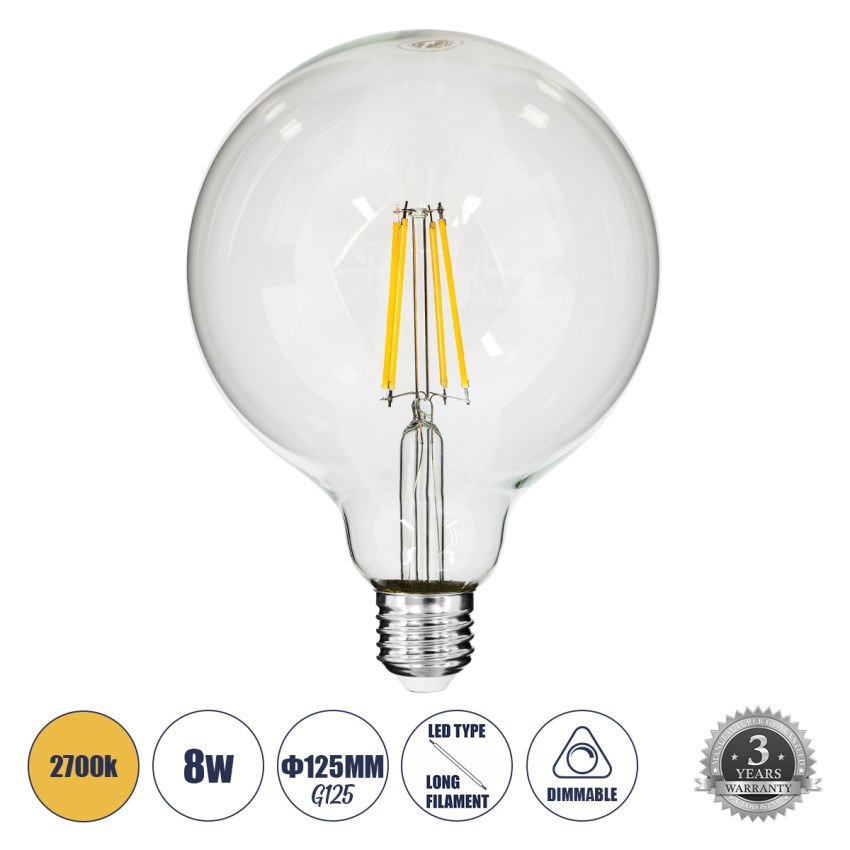 Λάμπα LED Long Filament E27 G125 Γλόμπος 8W 800lm 360° AC 220-240V IP20 Φ12.5 x Υ18cm Θερμό Λευκό 2700K με Διάφανο Γυαλί - Dimmable