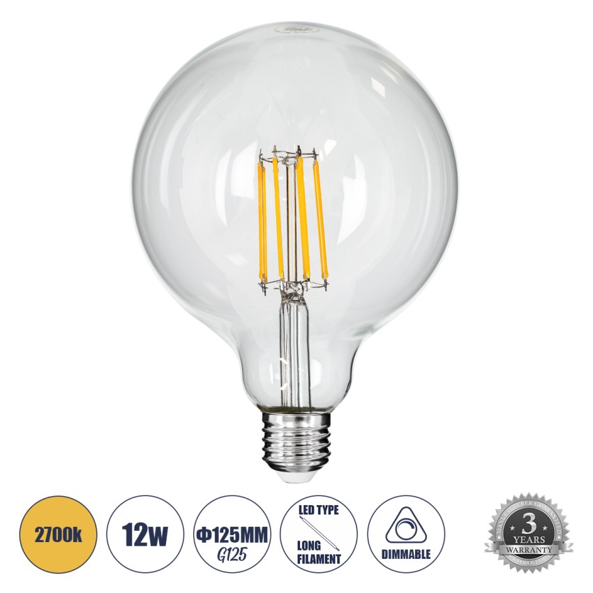 Λάμπα LED Long Filament E27 G125 Γλόμπος 12W 1200lm 360° AC 220-240V IP20 Φ12.5 x Υ18cm Θερμό Λευκό 2700K με Διάφανο Γυαλί - Dimmable