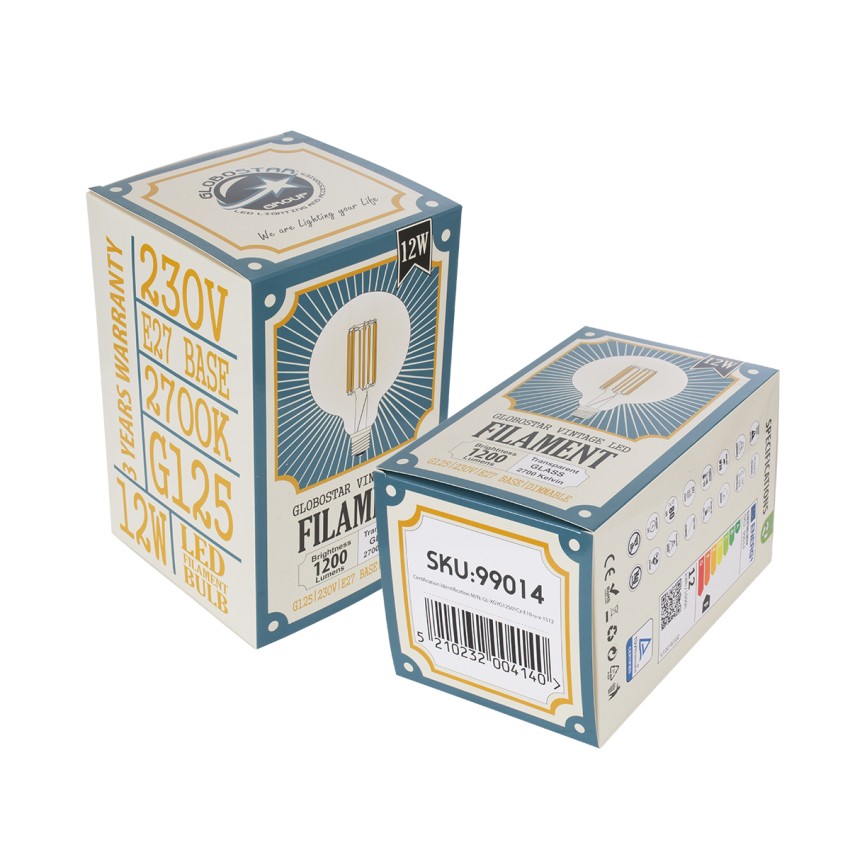 Λάμπα LED Long Filament E27 G125 Γλόμπος 12W 1200lm 360° AC 220-240V IP20 Φ12.5 x Υ18cm Θερμό Λευκό 2700K με Διάφανο Γυαλί - Dimmable