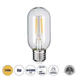 Λάμπα LED Long Filament E27 T45 Σωλήνας 4W 400lm 360° AC 220-240V IP20 Φ4.5 x Υ11cm Θερμό Λευκό 2700K με Διάφανο Γυαλί - Dimmable