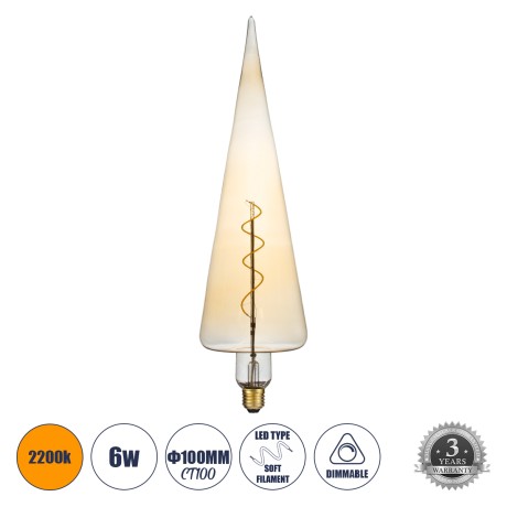 Λάμπα LED Soft S Spiral Filament E27 CT100 SPEAR Γλόμπος 6W 420lm 360° AC 220-240V IP20 Φ10 x Υ28cm Ultra Θερμό Λευκό 2200K με Μελί Γυαλί - Dimmable