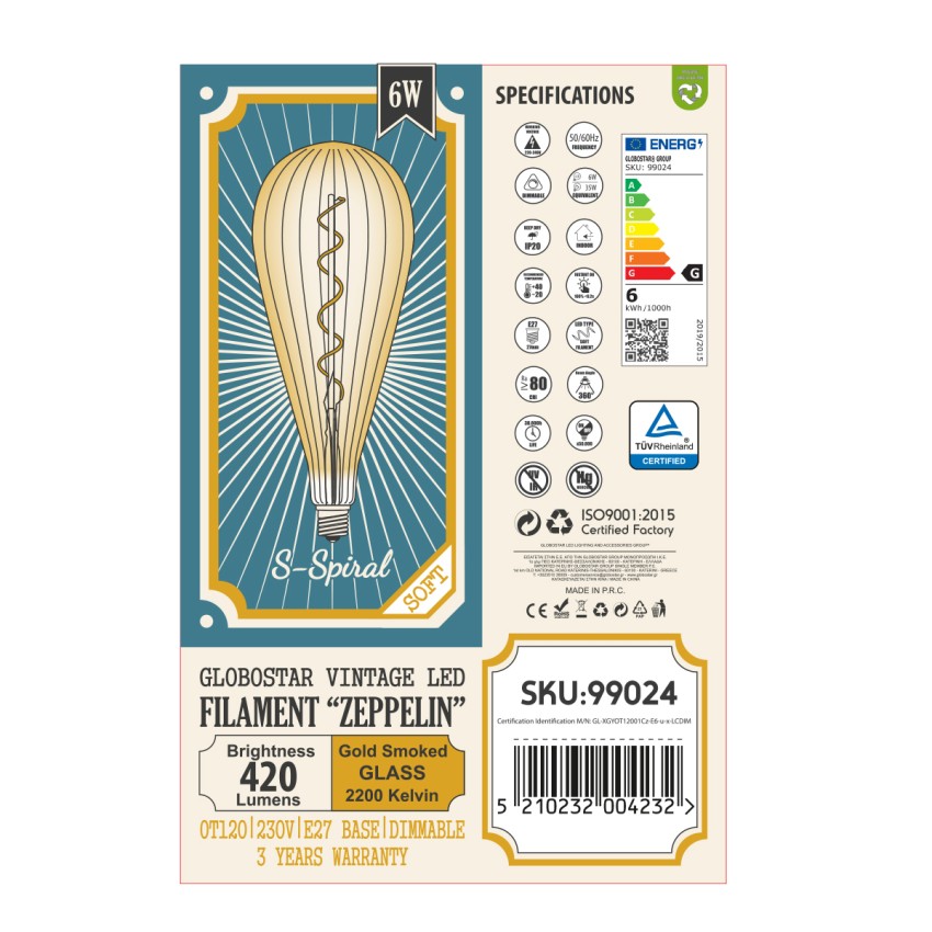 Λάμπα LED Soft S Spiral Filament E27 OT120 ZEPPELIN Γλόμπος 6W 420lm 360° AC 220-240V IP20 Φ12 x Υ46cm Ultra Θερμό Λευκό 2200K με Μελί Γυαλί - Dimmable