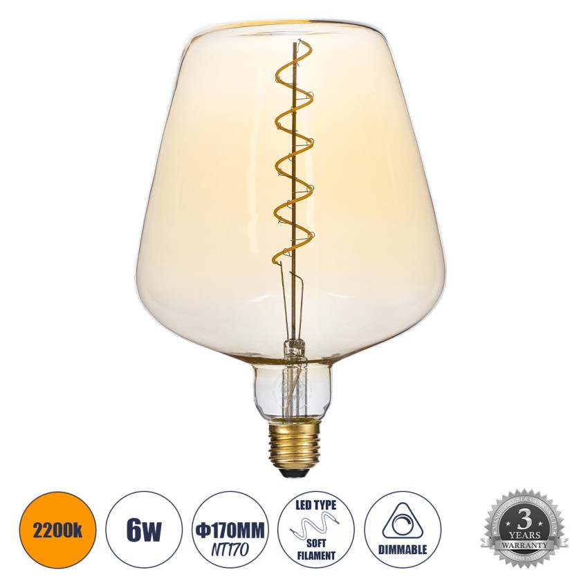 GLOBOSTAR® BRANDY  Λάμπα E27 NT170 LED 6W 420lm 360° AC 220-240V IP20 Ultra Θερμό Λευκό 2200K Dimmable - Soft S Spiral Filament Chip - Μελί - Μ17 x Π17 x Υ23cm