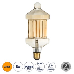 Λάμπα LED Long Filament E27 FT95 LANTERN Γλόμπος 8W 650lm 360° AC 220-240V IP20 Φ9.5 x Υ21.5cm Ultra Θερμό Λευκό 2200K με Μελί Γυαλί - Dimmable