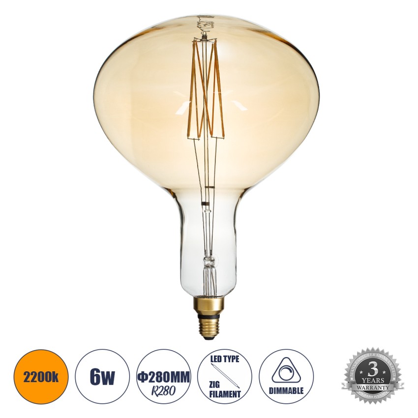 Λάμπα LED Zig Long Filament E27 R280 BUTTERNUT Γλόμπος 6W 420lm 360° AC 220-240V IP20 Φ28 x Υ41cm Ultra Θερμό Λευκό 2200K με Μελί Γυαλί - Dimmable
