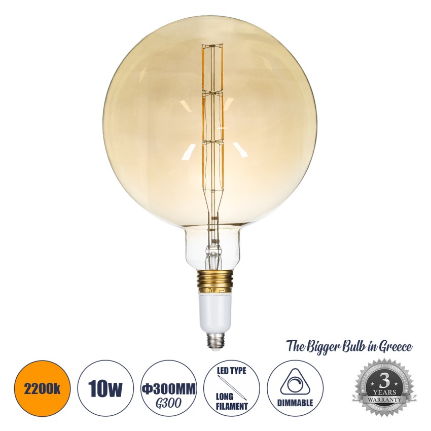Λάμπα LED Long Filament E27 G300 BULETTE Γλόμπος 10W 800lm 360° AC 220-240V IP20 Φ30 x Υ49cm Ultra Θερμό Λευκό 2200K με Μελί Γυαλί - Dimmable - The Bigger Bulb in Greece