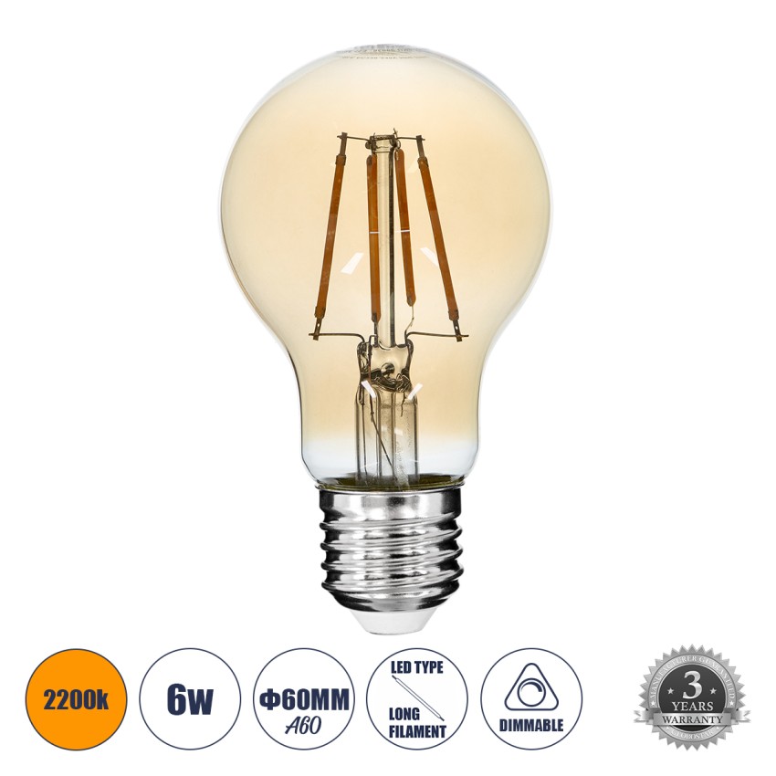 LED Long Filament Bulb E27 A60 Globe 6W 550lm 360° AC 220-240V IP20 D6 x H10.5cm Ultra Θερμό Λευκό 2200K με Μελί Γυαλί - Dimmable