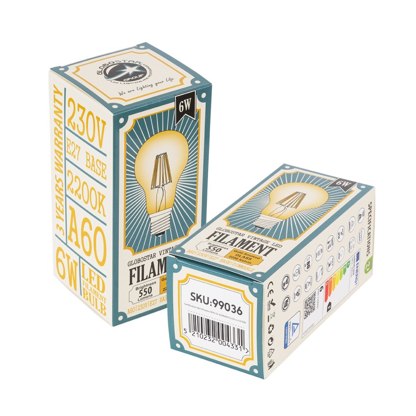 LED Long Filament Bulb E27 A60 Globe 6W 550lm 360° AC 220-240V IP20 D6 x H10.5cm Ultra Θερμό Λευκό 2200K με Μελί Γυαλί - Dimmable