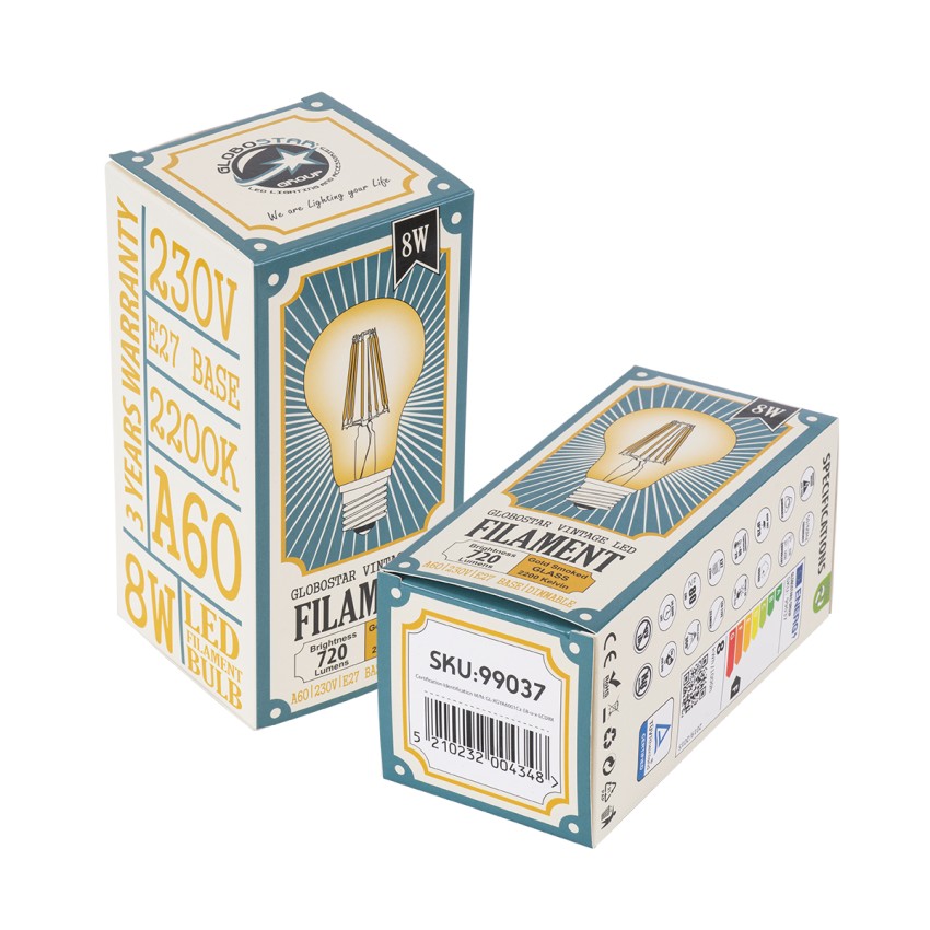 LED Long Filament Bulb E27 A60 Globe 8W 720lm 360° AC 220-240V IP20 D6 x H10.5cm Ultra Θερμό Λευκό 2200K με Μελί Γυαλί - Dimmable