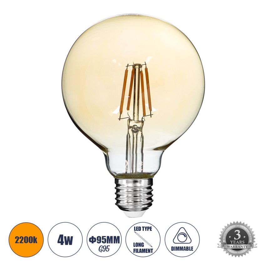 LED Long Filament Bulb E27 G95 Globe 4W 350lm 360° AC 220-240V IP20 D9.5 x H13.5cm Ultra Θερμό Λευκό 2200K με Μελί Γυαλί - Dimmable