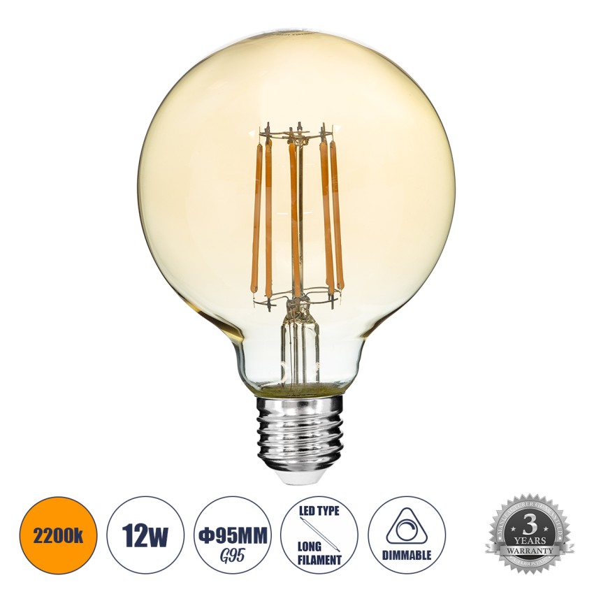 LED Long Filament Bulb E27 G95 Globe 12W 1080lm 360° AC 220-240V IP20 D9.5 x H13.5cm Ultra Θερμό Λευκό 2200K με Μελί Γυαλί - Dimmable
