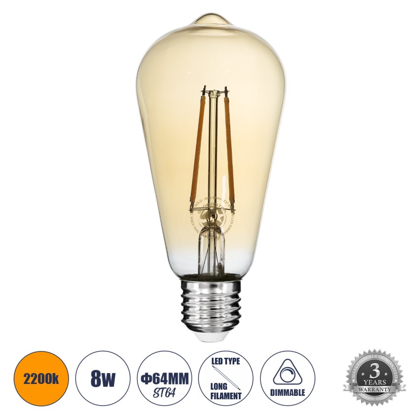Λάμπα LED Long Filament E27 ST64 Αχλάδι 8W 720lm 360° AC 220-240V IP20 Φ6.4 x Υ14cm Ultra Θερμό Λευκό 2200K με Μελί Γυαλί - Dimmable