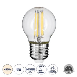 Λάμπα LED Long Filament E27 G45 Γλομπάκι 6W 660lm 360° AC 220-240V IP20 Φ4.5 x Υ7.5cm Φυσικό Λευκό 4000K με Διάφανο Γυαλί - Dimmable