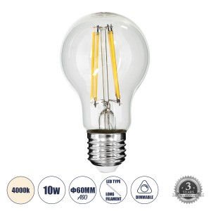 Λάμπα LED Long Filament E27 A60 Γλόμπος 10W 1100lm 360° AC 220-240V IP20 Φ6 x Υ10.5cm Φυσικό Λευκό 4000K με Διάφανο Γυαλί - Dimmable