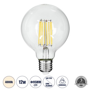 Λάμπα LED Long Filament E27 G95 Γλόμπος 12W 1320lm 360° AC 220-240V IP20 Φ9.5 x Υ13.5cm Φυσικό Λευκό 4000K με Διάφανο Γυαλί - Dimmable