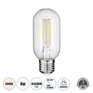 Λάμπα LED Long Filament E27 T45 Σωλήνας 4W 440lm 360° AC 220-240V IP20 Φ4.5 x Υ11cm Φυσικό Λευκό 4000K με Διάφανο Γυαλί - Dimmable