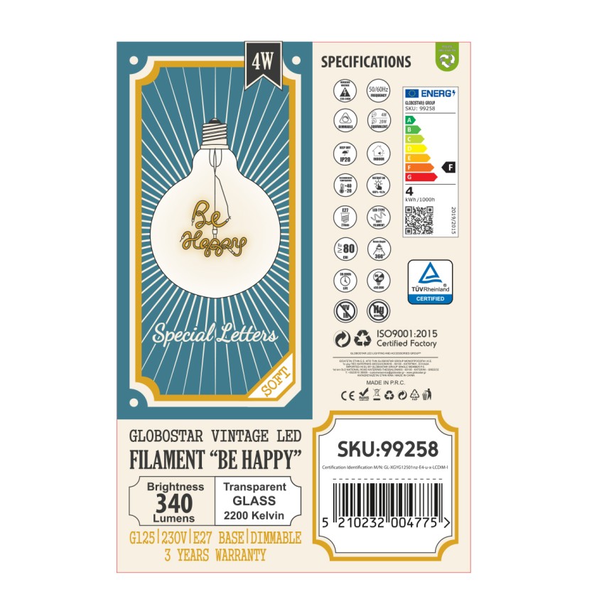 Λάμπα LED Ultra Thin Soft S Spiral Letter Filament E27 G125 BE HAPPY Γλόμπος 4W 340lm 360° AC 220-240V IP20 Φ12.5 x Υ18cm Ultra Θερμό Λευκό 2200K με Διάφανο Γυαλί - Dimmable