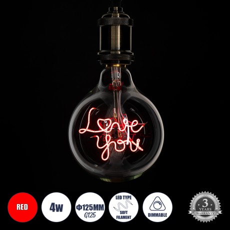 Λάμπα LED Ultra Thin Soft S Spiral Letter Filament E27 G125 LOVE YOU Γλόμπος 4W 340lm 360° AC 220-240V IP20 Φ12.5 x Υ18cm Κόκκινο με Διάφανο Γυαλί - Dimmable