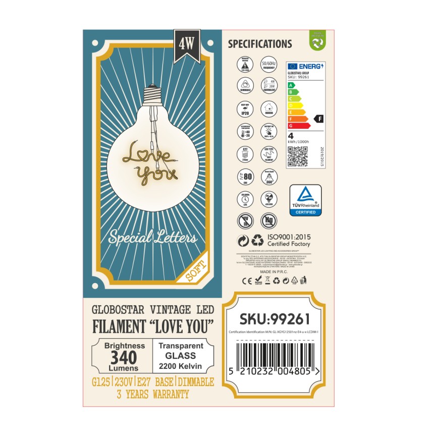 Λάμπα LED Ultra Thin Soft S Spiral Letter Filament E27 G125 LOVE YOU Γλόμπος 4W 340lm 360° AC 220-240V IP20 Φ12.5 x Υ18cm Ultra Θερμό Λευκό 2200K με Διάφανο Γυαλί - Dimmable