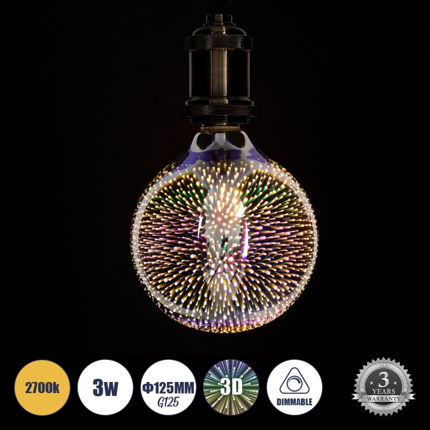 Λάμπα LED Long Filament E27 G125 Γλόμπος 3D GALAXY EFFECT Γλόμπος 3W 201lm 360° AC 220-240V IP20 Φ12.5 x Υ18cm Θερμό Λευκό 2700K με Galaxy Mirror Γυαλί - Dimmable