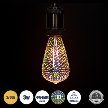 Λάμπα LED Long Filament E27 ST64 Αχλάδι 3D Galaxy Effect 3W 201lm 360° AC 220-240V IP20 Φ6.4 x Υ14cm Θερμό Λευκό 2700K με Galaxy Mirror Γυαλί - Dimmable