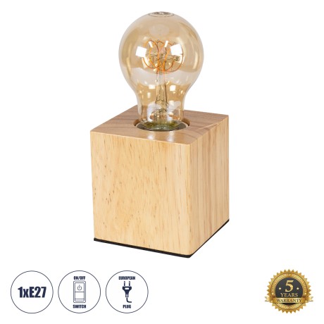 WOODBOX  Μοντέρνο Επιτραπέζιο Φωτιστικό Πορτατίφ Μονόφωτο 1 x E27 AC220-240V με 1.35m Καλώδιο και Διακόπτη On/Off - Σώμα από Φυσικό Ξύλο - Μ7.6 x Π7.6 x Υ8.2cm - Μπεζ Δρυς