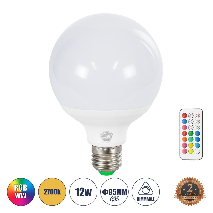 Λάμπα LED E27 G95 Γλόμπος 12W 780lm 260° AC 220-240V IP20 Φ9.5 x Υ14cm - Εναλλαγή Φωτισμού μέσω Τηλεχειριστηρίου - Πολύχρωμο RGB+WW