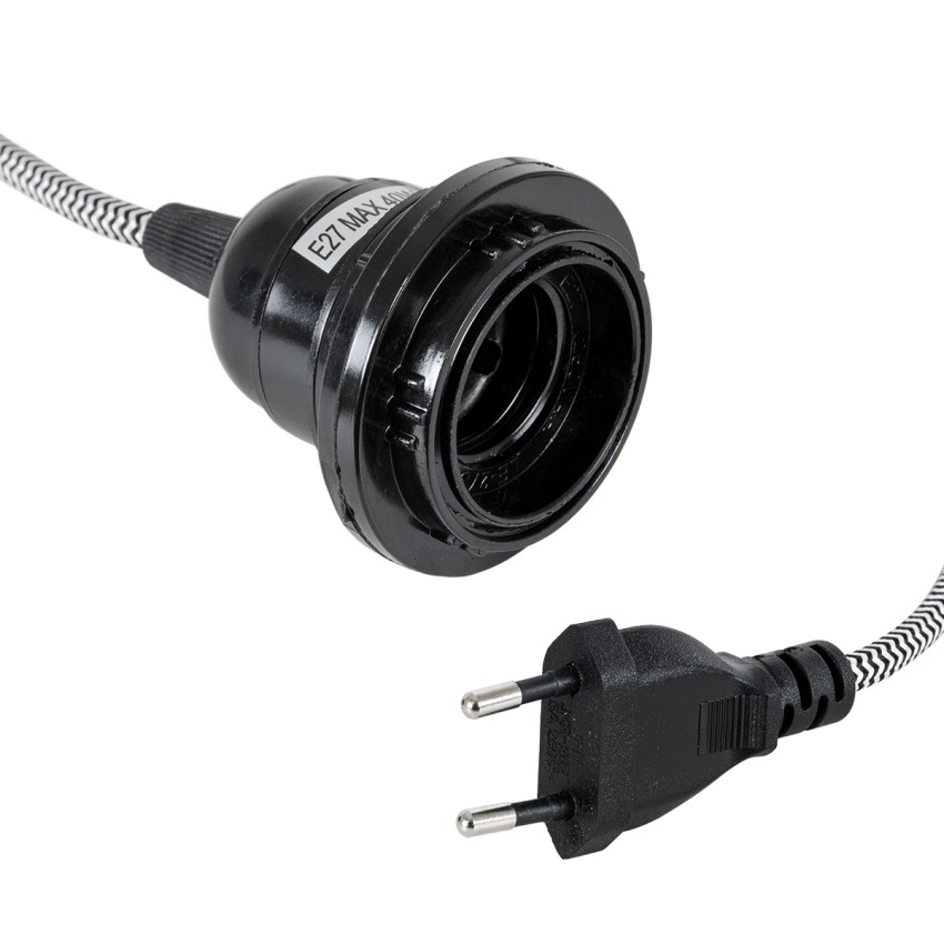 GLOBOSTAR® WHIP  Μοντέρνο DIY Φωτιστικό με Υφασμάτινο Καλώδιο, Ντουί 1 x E27, Διακόπτη On/Off & Πρίζα AC 220-240V IP20 - Λευκό & Μαύρο - Μ140 x Π5.8 x Υ5.8cm