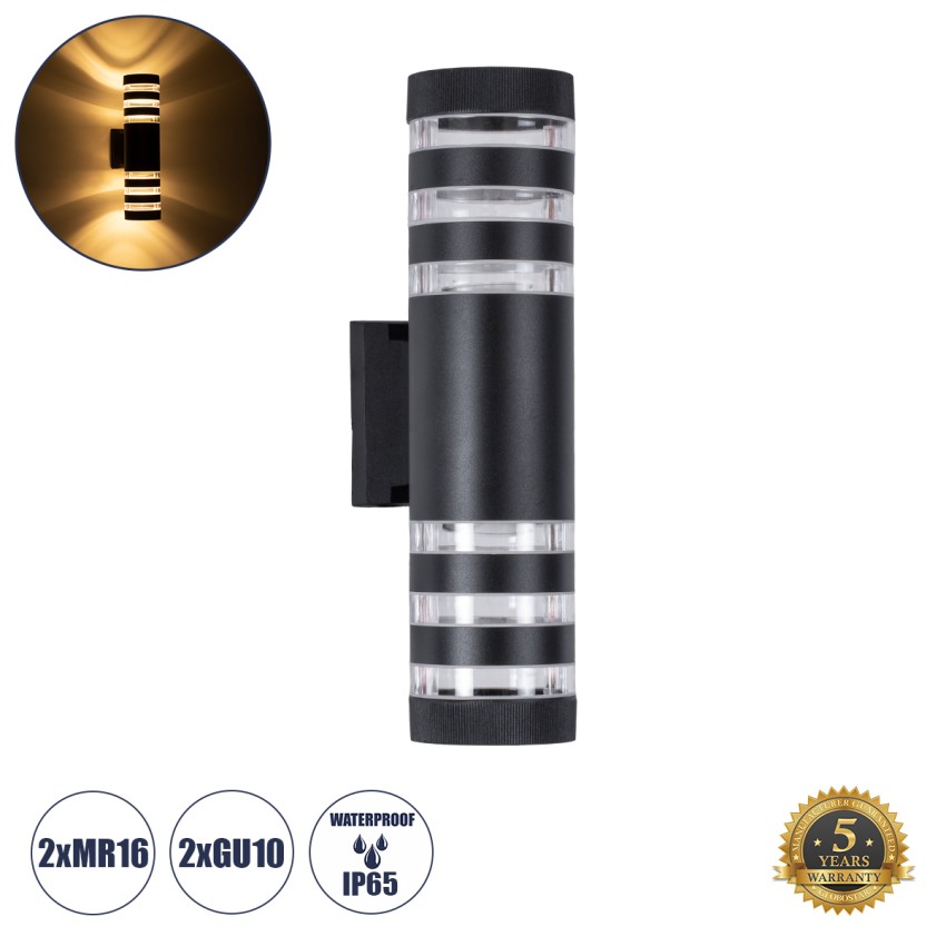 GLOBOSTAR® ORION  Μοντέρνο Φωτιστικό Τοίχου - Απλίκα με Ντουί 2 x GU10 AC 220-240V Αδιάβροχο IP65 - Μαύρο Ματ - Μ9 x Π15 x Υ35.5cm