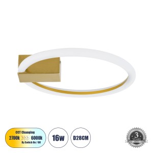 CINDERELLA  Φωτιστικό Οροφής Δαχτυλίδι-Κύκλος LED CCT 16W 1792lm 360° AC 220-240V - Εναλλαγή Φωτισμού μέσω Διακόπτη On/Off All In One Ψυχρό 6000k+Φυσικό 4500k+Θερμό 2700k Φ28cm - Χρυσό Βούρτσας