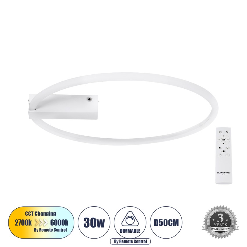 CINDERELLA  Φωτιστικό Οροφής Δαχτυλίδι-Κύκλος LED CCT 30W 3360lm 360° AC 220-240V - Εναλλαγή Φωτισμού μέσω Τηλεχειριστηρίου All In One Ψυχρό 6000k+Φυσικό 4500k+Θερμό 2700k Dimmable Φ50cm - Λευκό