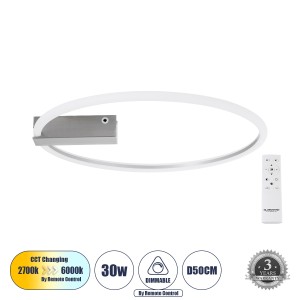 CINDERELLA  Φωτιστικό Οροφής Δαχτυλίδι-Κύκλος LED CCT 30W 3360lm 360° AC 220-240V - Εναλλαγή Φωτισμού μέσω Τηλεχειριστηρίου All In One Ψυχρό 6000k+Φυσικό 4500k+Θερμό 2700k Dimmable Φ50cm - Χρώμιο Νικελ