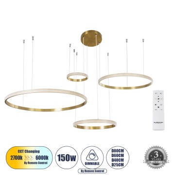 GLOBOSTAR® DIAMOND TETRA  Μοντέρνο Κρεμαστό Φωτιστικό Οροφής LED 150W 18379lm 360° AC 220-240V IP20 Ρυθμιζόμενο Λευκό CCT με Χειριστήριο από 2700K έως 6000K Dimmable - Lumileds SMD Chip - Χρυσό Βούρτσας - Μ150 x Π150 x Υ60cm