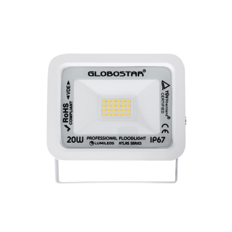 GLOBOSTAR® ATLAS  Προβολέας LED 20W 2300lm 120° AC 220-240V Αδιάβροχο IP67 Θερμό Λευκό 2700K - Lumileds SMD Chip  - Λευκό Ματ - Μ12 x Π2.5 x Υ9.5cm