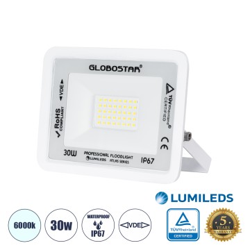 ATLAS  Επαγγελματικός Προβολέας LED 30W 3750lm 120° AC 220-240V - Αδιάβροχος IP67 - Μ16 x Π2.5 x Υ12.5cm - Λευκό - Ψυχρό Λευκό 6000K - LUMILEDS Chips