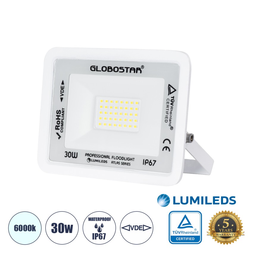 ATLAS  Επαγγελματικός Προβολέας LED 30W 3750lm 120° AC 220-240V - Αδιάβροχος IP67 - Μ16 x Π2.5 x Υ12.5cm - Λευκό - Ψυχρό Λευκό 6000K - LUMILEDS Chips
