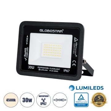 ATLAS  Επαγγελματικός Προβολέας LED 30W 3600lm 120° AC 220-240V - Αδιάβροχος IP67 - Μ16 x Π2.5 x Υ12.5cm - Μαύρο - Φυσικό Λευκό 4500K - LUMILEDS Chips