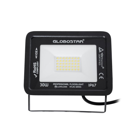 GLOBOSTAR® ATLAS  Προβολέας LED 30W 3600lm 120° AC 220-240V Αδιάβροχο IP67 Φυσικό Λευκό 4500K - Lumileds SMD Chip  - Μαύρο Ματ - Μ16 x Π2.5 x Υ12.5cm