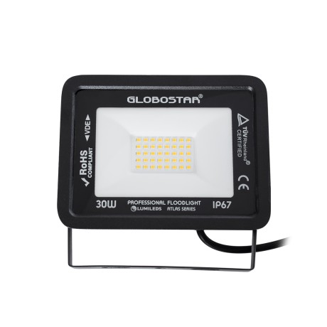 GLOBOSTAR® ATLAS  Προβολέας LED 30W 3450lm 120° AC 220-240V Αδιάβροχο IP67 Θερμό Λευκό 2700K - Lumileds SMD Chip  - Μαύρο Ματ - Μ16 x Π2.5 x Υ12.5cm