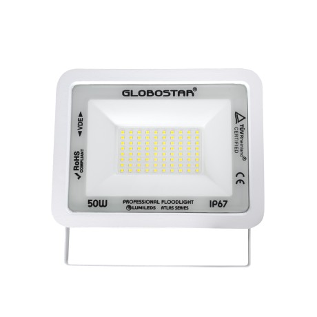 GLOBOSTAR® ATLAS  Προβολέας LED 50W 6250lm 120° AC 220-240V Αδιάβροχο IP67 Ψυχρό Λευκό 6000K - Lumileds SMD Chip  - Λευκό Ματ - Μ21 x Π3.5 x Υ16cm
