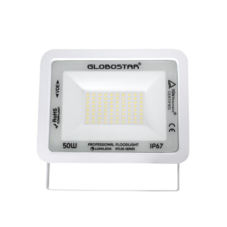 GLOBOSTAR® ATLAS  Προβολέας LED 50W 6000lm 120° AC 220-240V Αδιάβροχο IP67 Φυσικό Λευκό 4500K - Lumileds SMD Chip  - Λευκό Ματ - Μ21 x Π3.5 x Υ16cm