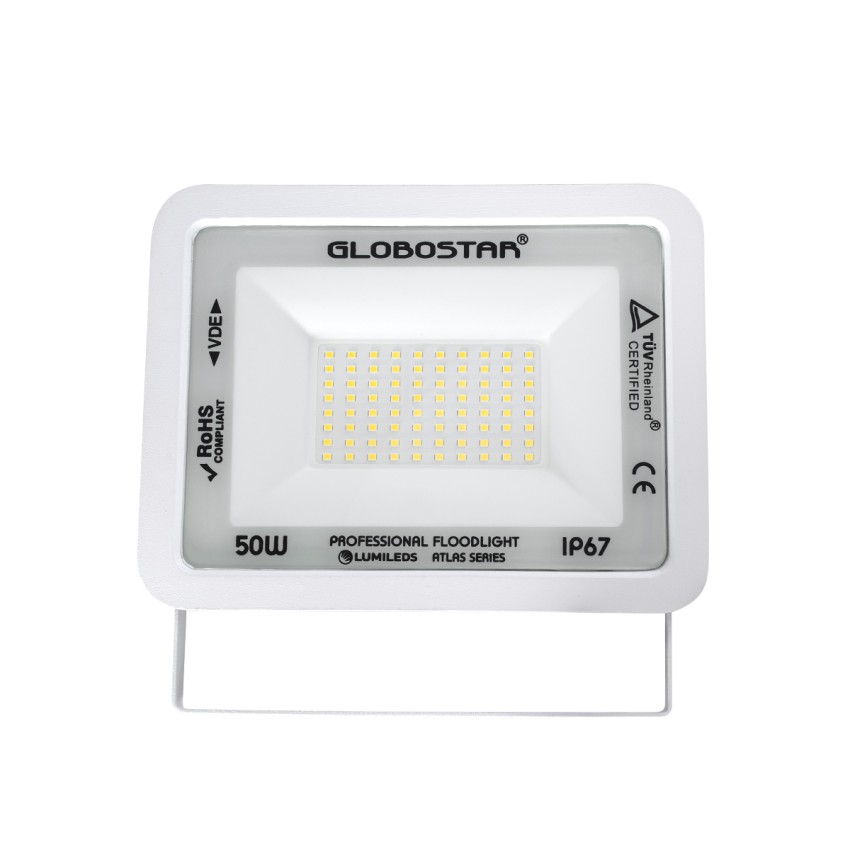 GLOBOSTAR® ATLAS  Προβολέας LED 50W 6000lm 120° AC 220-240V Αδιάβροχο IP67 Φυσικό Λευκό 4500K - Lumileds SMD Chip  - Λευκό Ματ - Μ21 x Π3.5 x Υ16cm