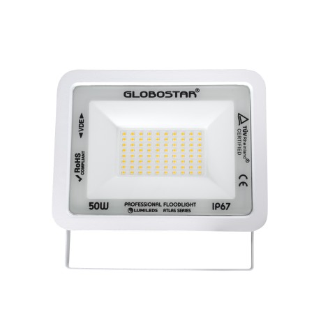 GLOBOSTAR® ATLAS  Προβολέας LED 50W 5750lm 120° AC 220-240V Αδιάβροχο IP67 Θερμό Λευκό 2700K - Lumileds SMD Chip  - Λευκό Ματ - Μ21 x Π3.5 x Υ16cm