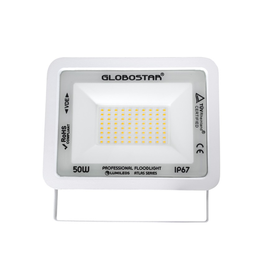 GLOBOSTAR® ATLAS  Προβολέας LED 50W 5750lm 120° AC 220-240V Αδιάβροχο IP67 Θερμό Λευκό 2700K - Lumileds SMD Chip  - Λευκό Ματ - Μ21 x Π3.5 x Υ16cm