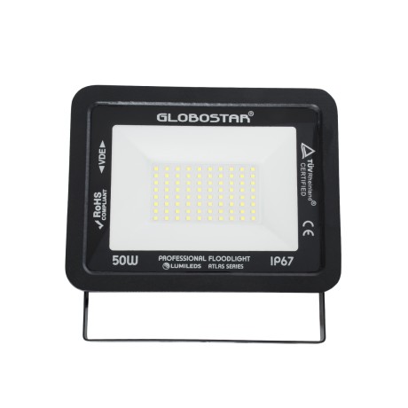 GLOBOSTAR® ATLAS  Προβολέας LED 50W 6250lm 120° AC 220-240V Αδιάβροχο IP67 Ψυχρό Λευκό 6000K - Lumileds SMD Chip  - Μαύρο Ματ - Μ21 x Π3.5 x Υ16cm