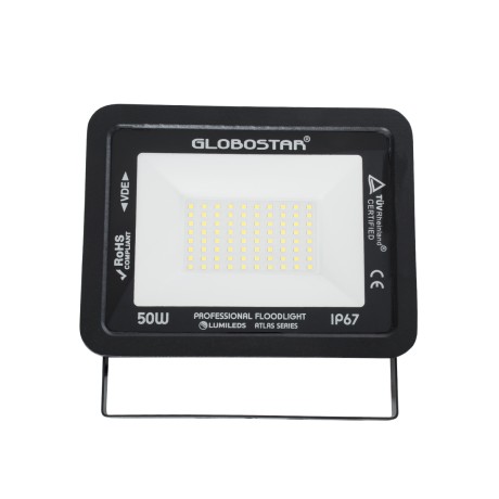 GLOBOSTAR® ATLAS  Προβολέας LED 50W 6000lm 120° AC 220-240V Αδιάβροχο IP67 Φυσικό Λευκό 4500K - Lumileds SMD Chip  - Μαύρο Ματ - Μ21 x Π3.5 x Υ16cm