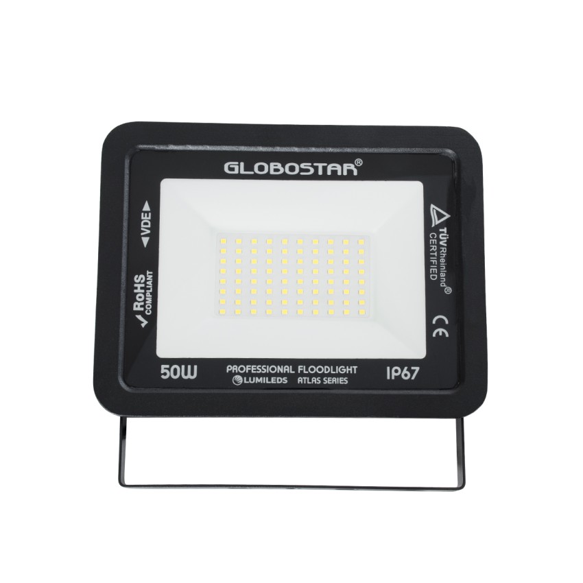 GLOBOSTAR® ATLAS  Προβολέας LED 50W 6000lm 120° AC 220-240V Αδιάβροχο IP67 Φυσικό Λευκό 4500K - Lumileds SMD Chip  - Μαύρο Ματ - Μ21 x Π3.5 x Υ16cm