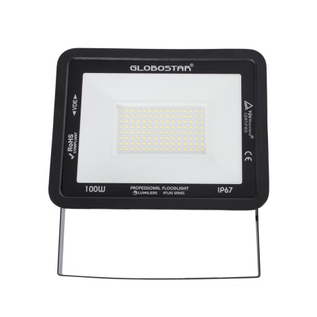 GLOBOSTAR® ATLAS  Προβολέας LED 100W 12000lm 120° AC 220-240V Αδιάβροχο IP67 Φυσικό Λευκό 4500K - Lumileds SMD Chip  - Μαύρο Ματ - Μ27 x Π4 x Υ21cm