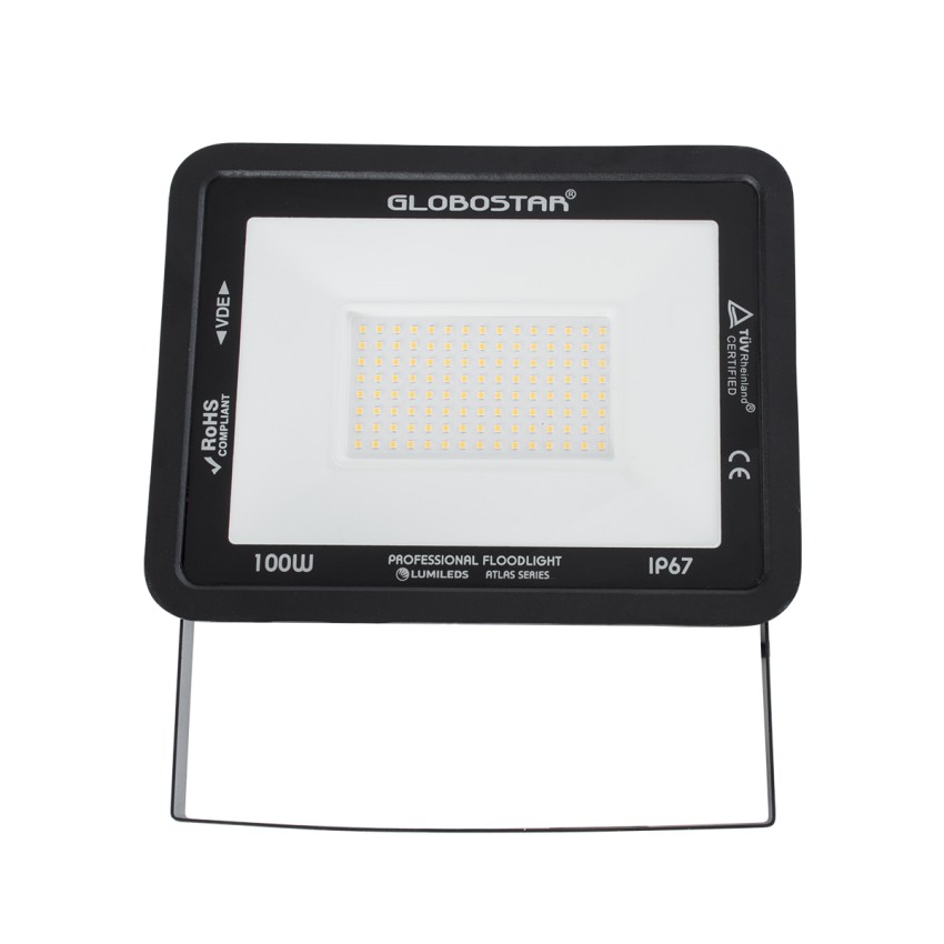 GLOBOSTAR® ATLAS  Προβολέας LED 100W 11500lm 120° AC 220-240V Αδιάβροχο IP67 Θερμό Λευκό 2700K - Lumileds SMD Chip  - Μαύρο Ματ - Μ27 x Π4 x Υ21cm