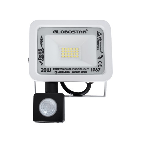 GLOBOSTAR® AURORA  Προβολέας με Ανιχνευτή PIR / Αισθητήρα Κίνησης LED 20W 2500lm 120° AC 220-240V Αδιάβροχο IP67 Ψυχρό Λευκό 6000K - Lumileds SMD Chip  - Λευκό Ματ - Μ12 x Π5 x Υ14.5cm